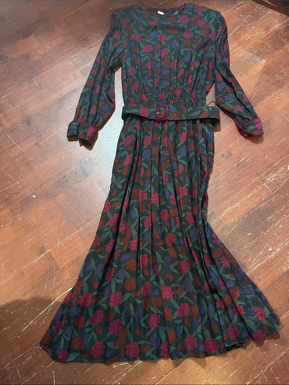 Orvis Burgundy, Forest Green and Navy Floral Long-Sleeve Maxi Dress with Belt